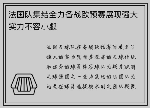法国队集结全力备战欧预赛展现强大实力不容小觑