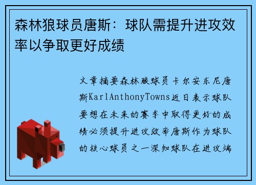 森林狼球员唐斯：球队需提升进攻效率以争取更好成绩