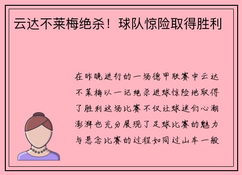 云达不莱梅绝杀！球队惊险取得胜利