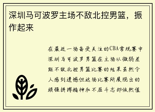 深圳马可波罗主场不敌北控男篮，振作起来