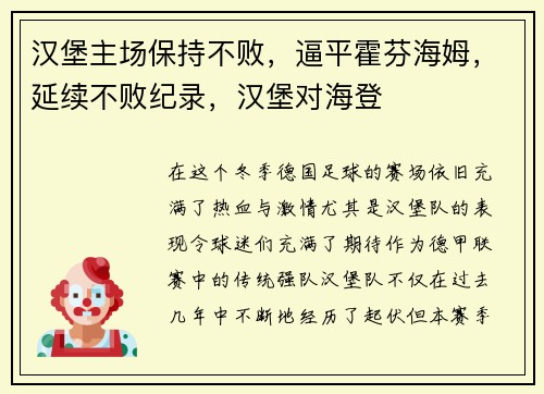 汉堡主场保持不败，逼平霍芬海姆，延续不败纪录，汉堡对海登