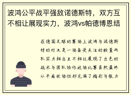波鸿公平战平强敌诺德斯特，双方互不相让展现实力，波鸿vs帕德博恩结果