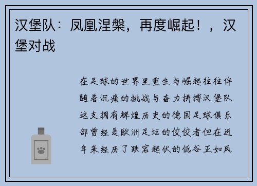 汉堡队：凤凰涅槃，再度崛起！，汉堡对战