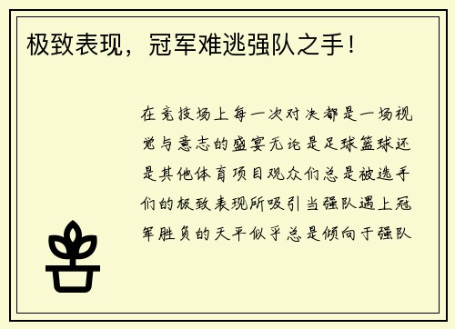 极致表现，冠军难逃强队之手！