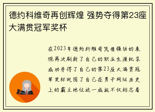 德约科维奇再创辉煌 强势夺得第23座大满贯冠军奖杯