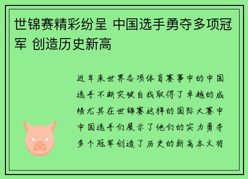 世锦赛精彩纷呈 中国选手勇夺多项冠军 创造历史新高
