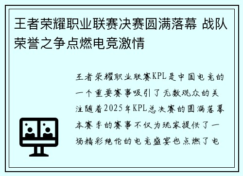 王者荣耀职业联赛决赛圆满落幕 战队荣誉之争点燃电竞激情