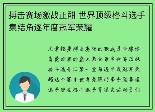 搏击赛场激战正酣 世界顶级格斗选手集结角逐年度冠军荣耀